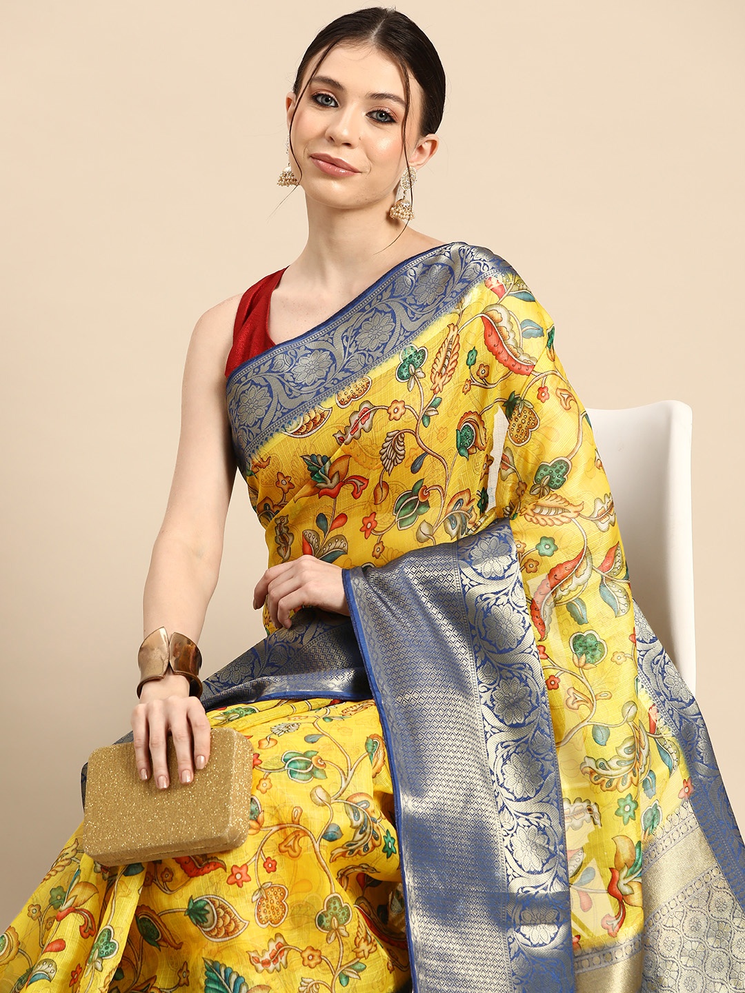 

Silk Land Floral Muga Digital Print Saree, Yellow