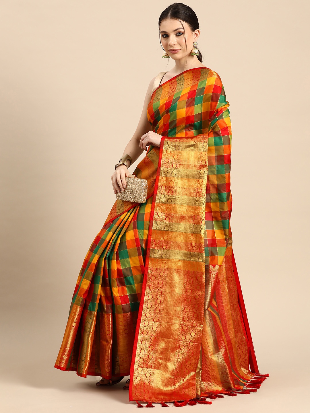 

Silk Land Checked Zari Kanjeevaram Saree, Multi
