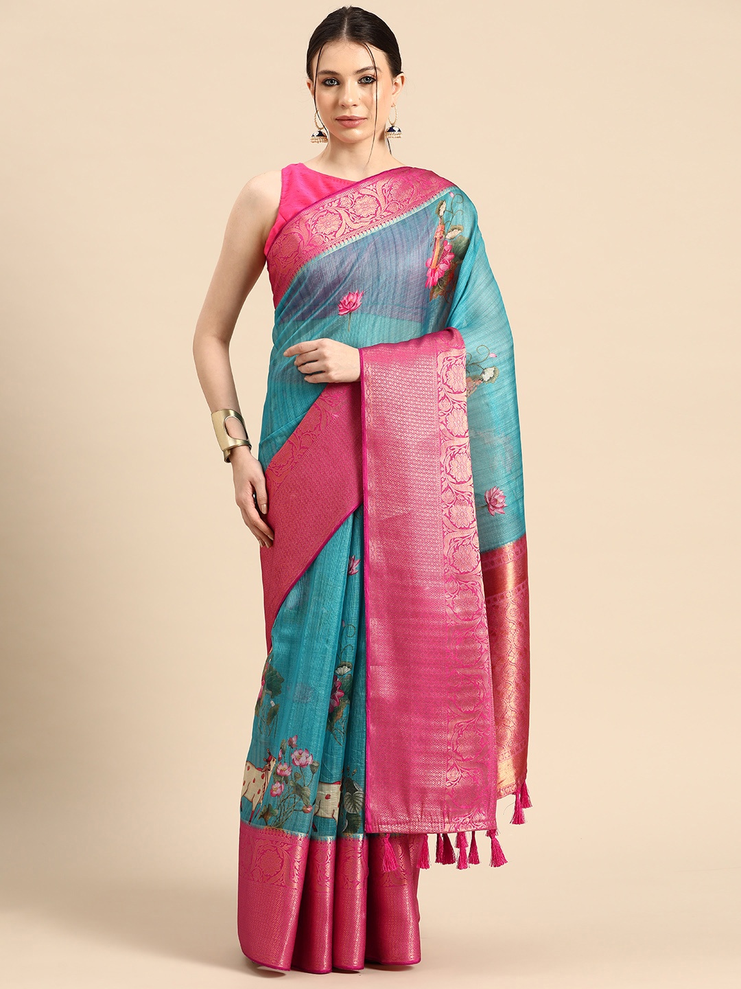 

Silk Land Floral Pichwai Muga Silk Woven With Digital Print saree, Teal