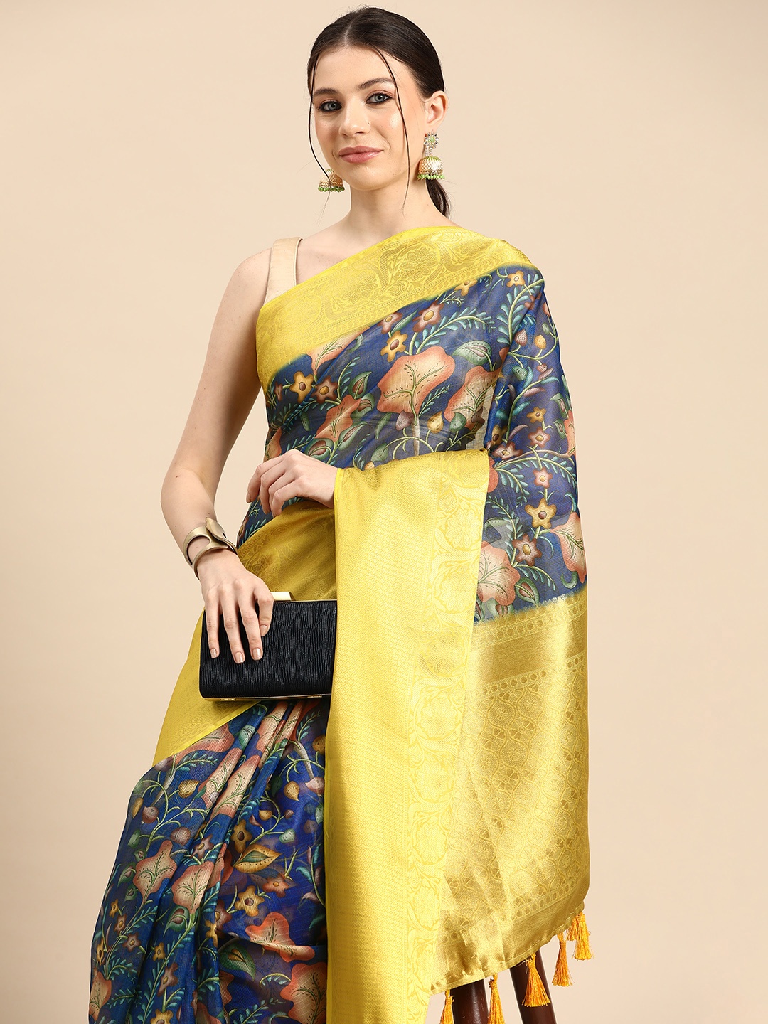 

Silk Land Floral Pichwai Muga Silk Woven With Digital Print saree, Blue