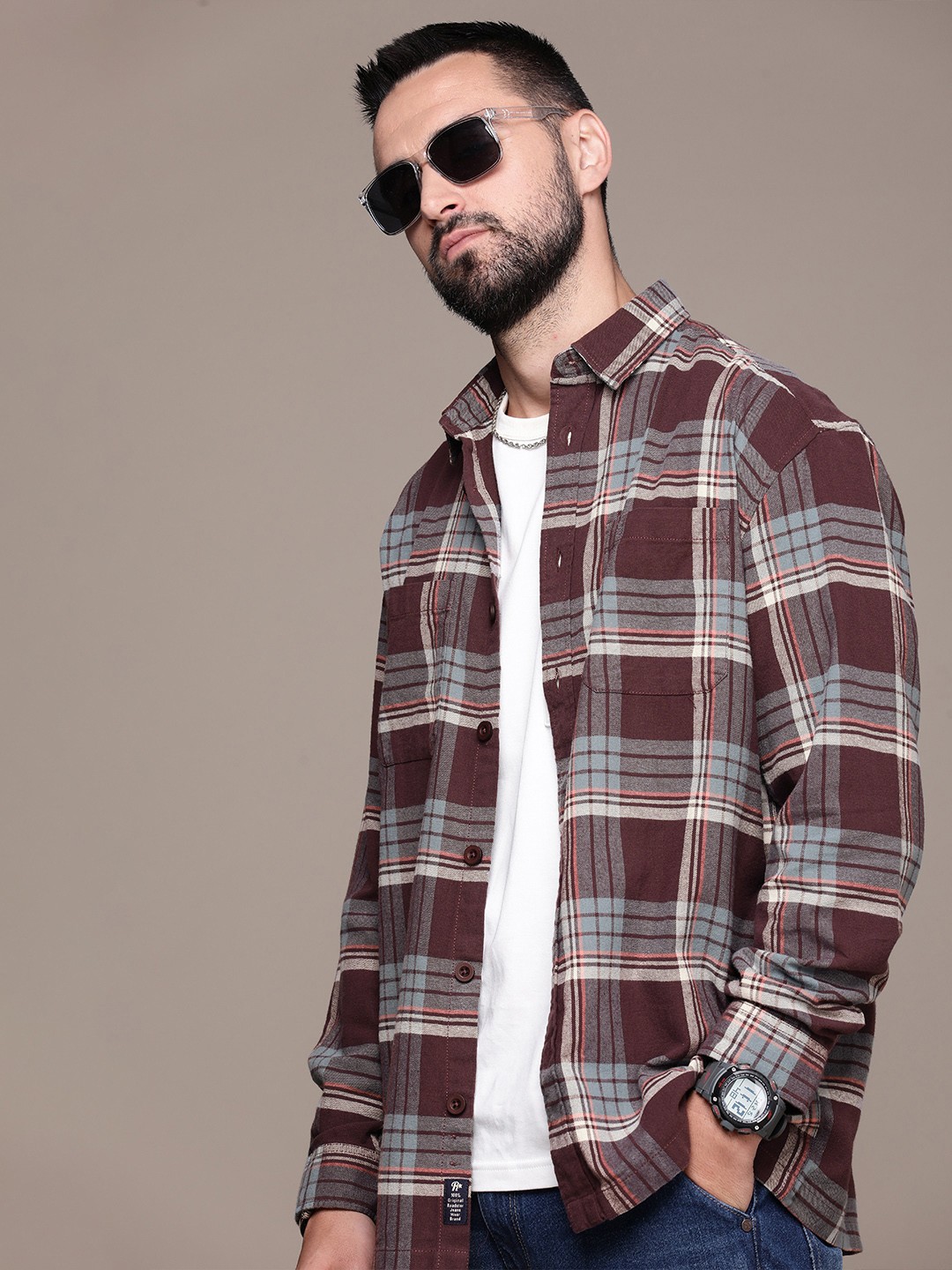 

The Roadster Lifestyle Co. Checked Relaxed Fit Pure Cotton Shirt, Brown
