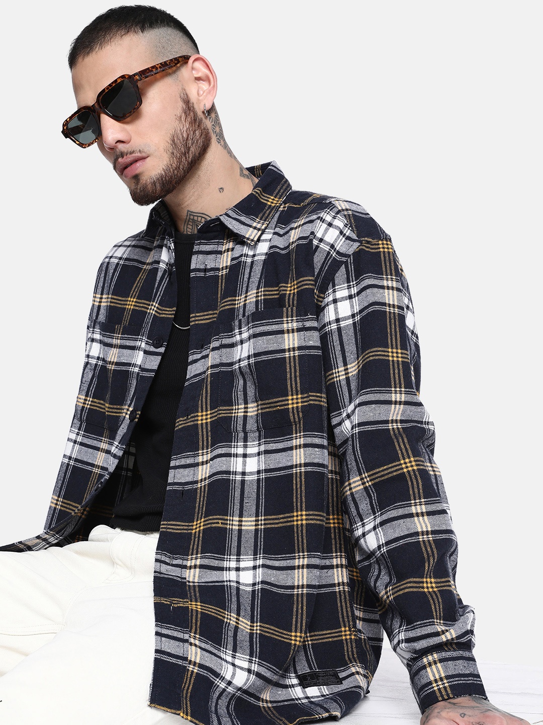 

The Roadster Lifestyle Co. Relaxed Tartan Checked Pure Cotton Shirt, Navy blue
