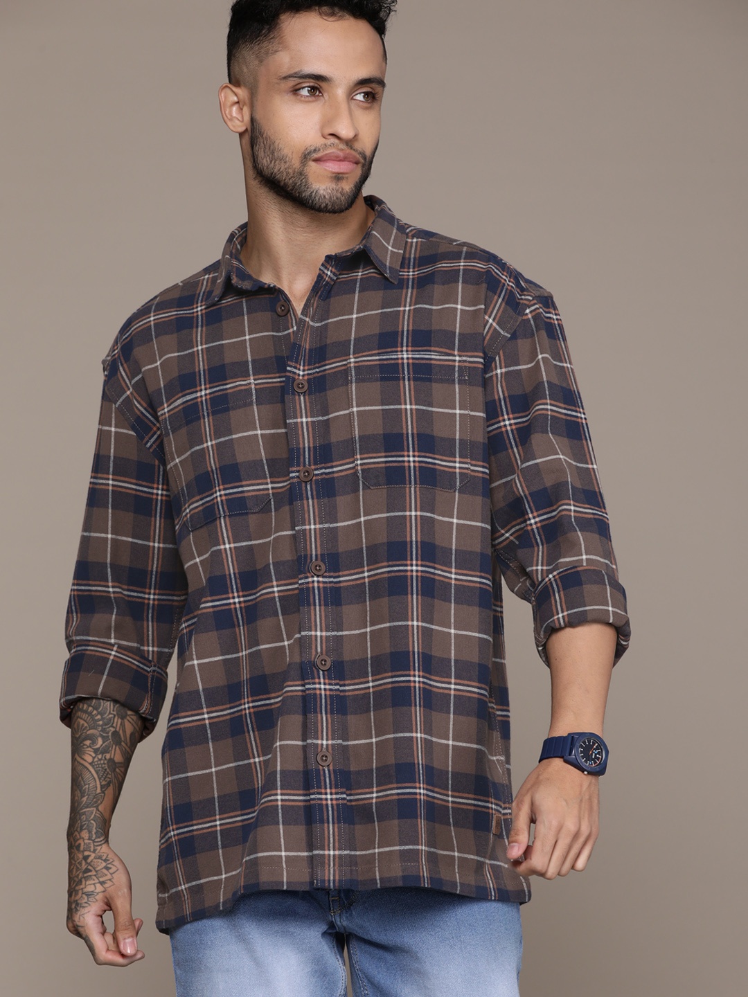 

The Roadster Lifestyle Co. Relaxed Tartan Checked Pure Cotton Shirt, Navy blue