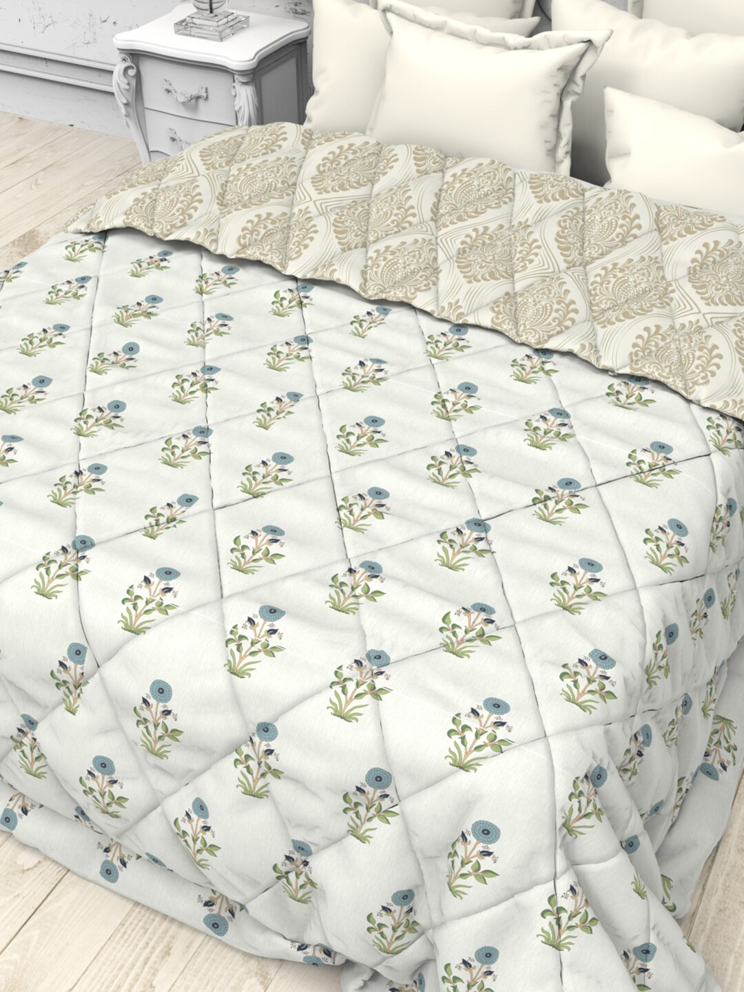 

THE WHITE MOSS White Ethnic Microfiber Reversible 90 GSM AC Room Double Bed Comforter