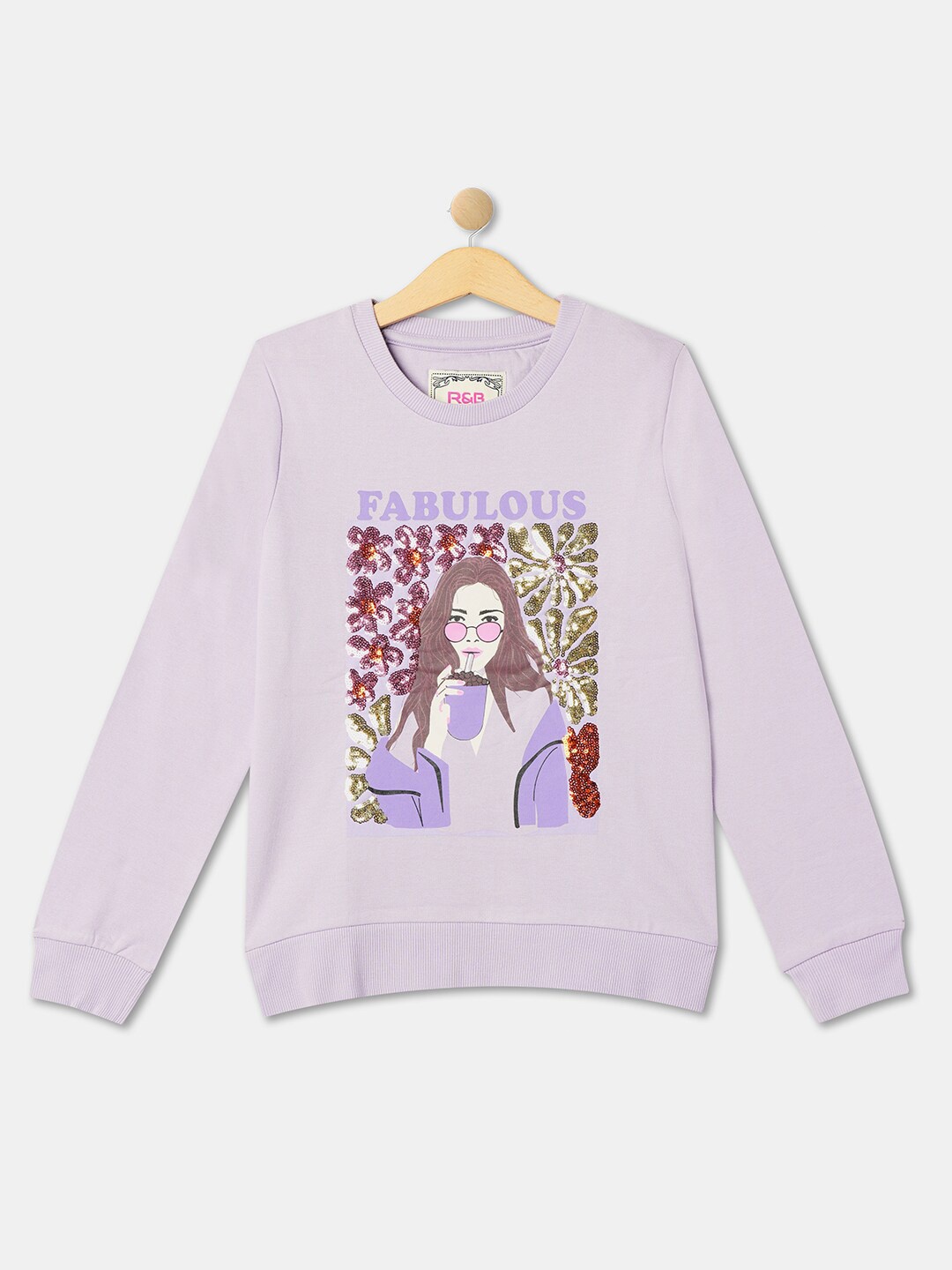 

R&B Girls Graphic Printed Embellished Cotton Pullover Sweatshirt, Purple