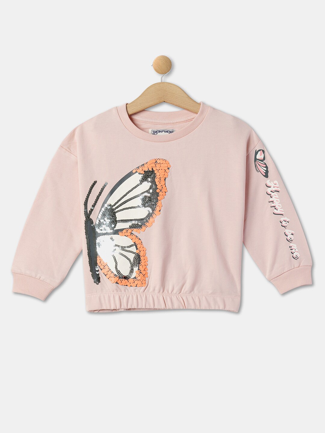 

R&B Girls Graphic Printed Embellished Cotton Pullover Sweatshirt, Pink