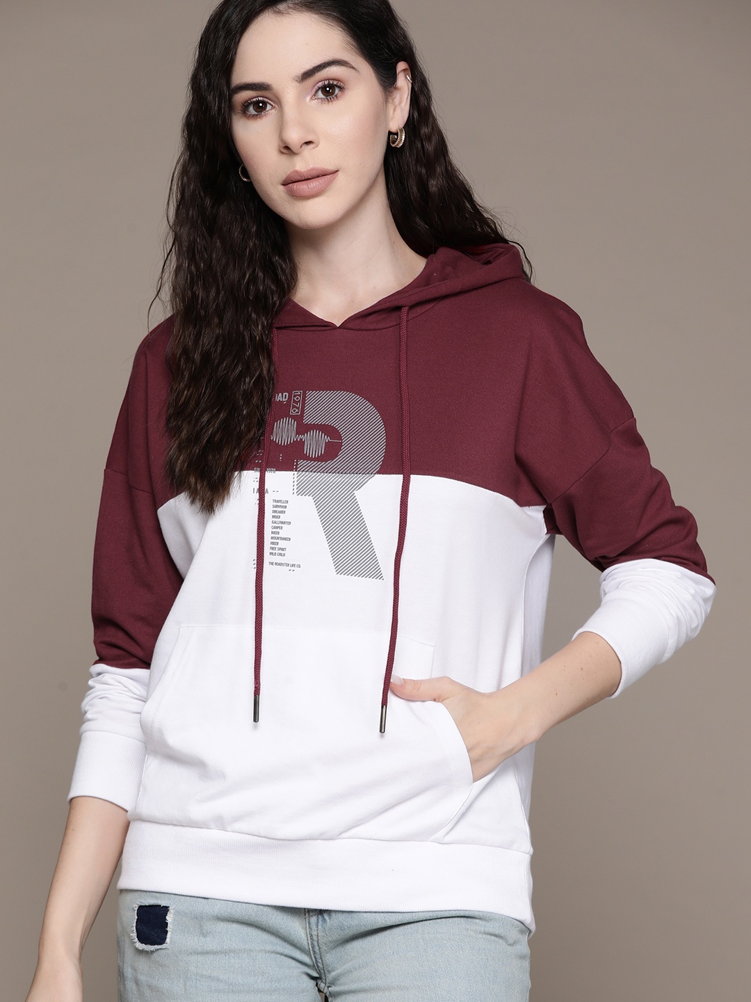 

Roadster Women Colourblocked Hooded Sweatshirt, Maroon