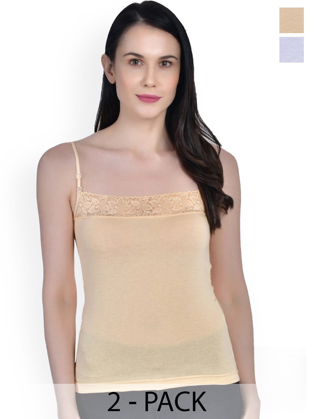 

Aimly Women Pack Of 2 Cotton Adjustable Strap Lace Camisole, Beige