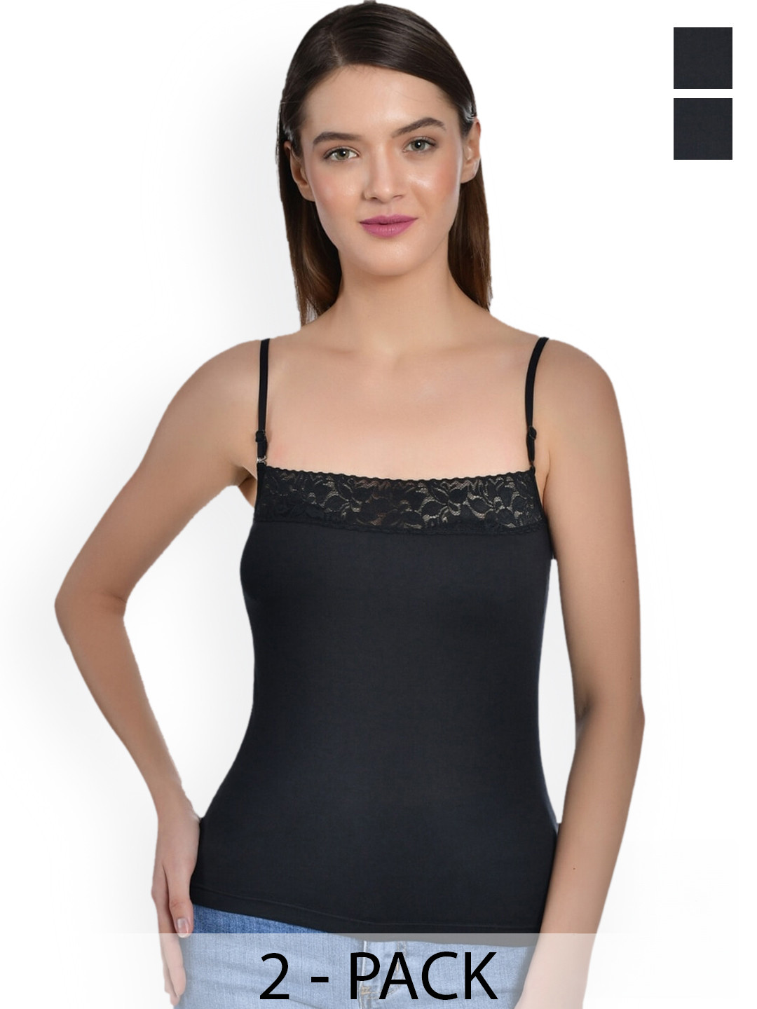 

Aimly Pack Of 2 Adjustable Strap Lace Cotton Camisoles, Black
