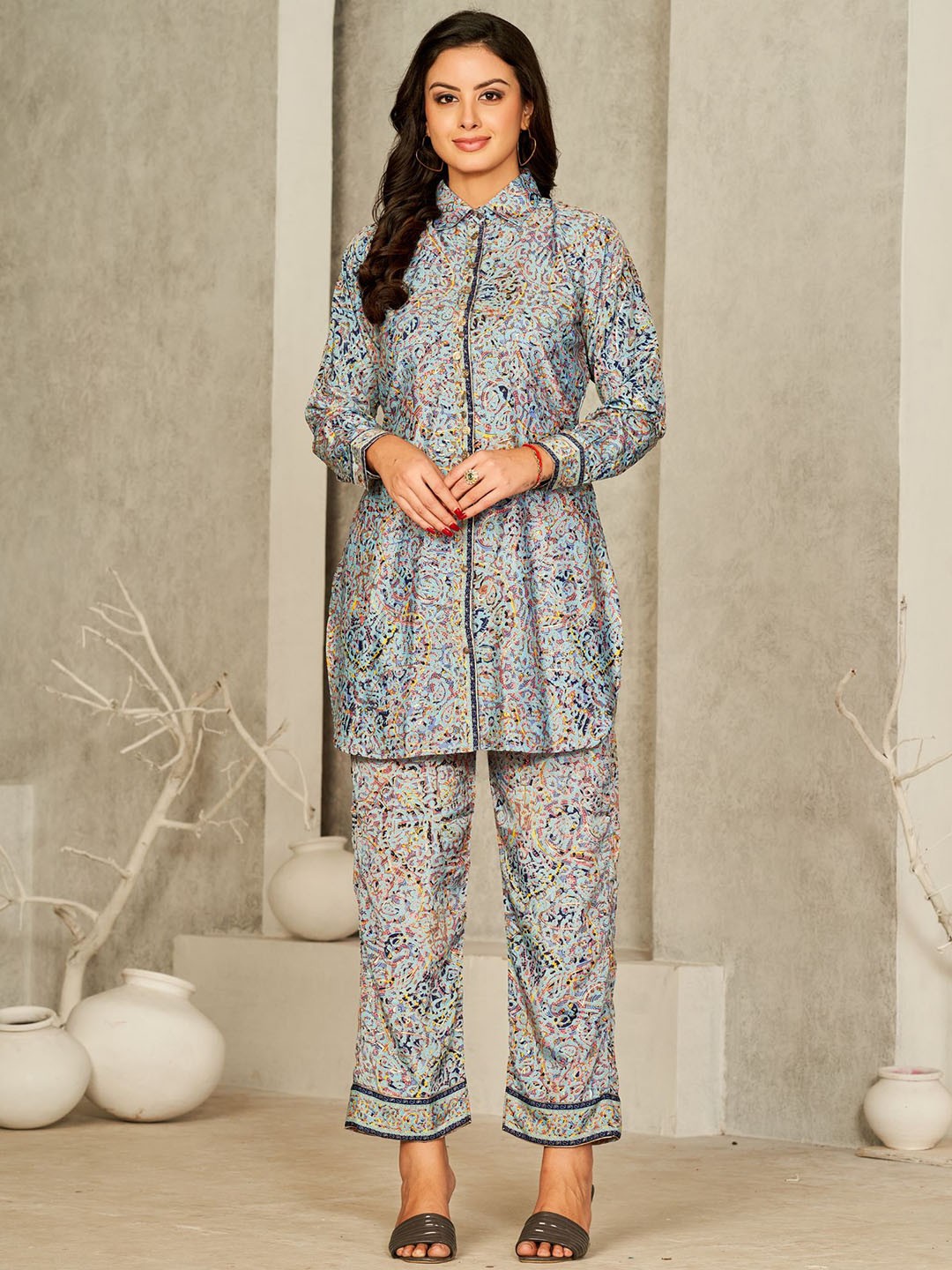 

KALINI Printed Silk Top With Trousers, Turquoise blue