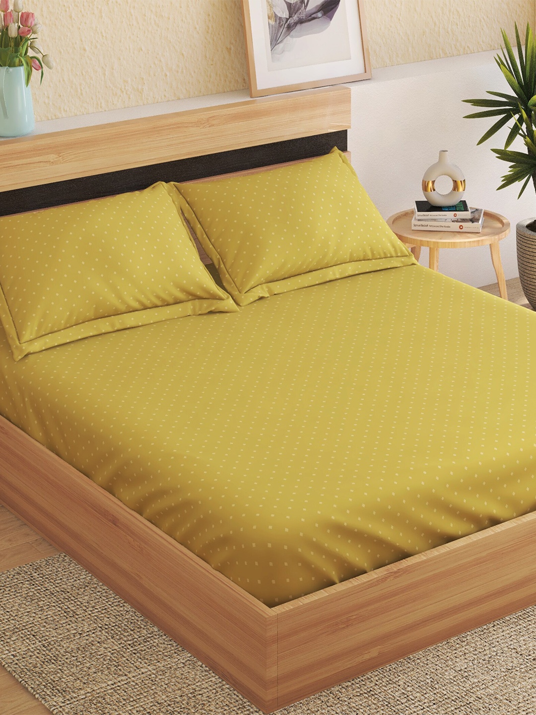 

Home Centre Amaya Yellow Geometric Cotton 150 TC King Fitted Bedsheet with 2 Pillow Covers