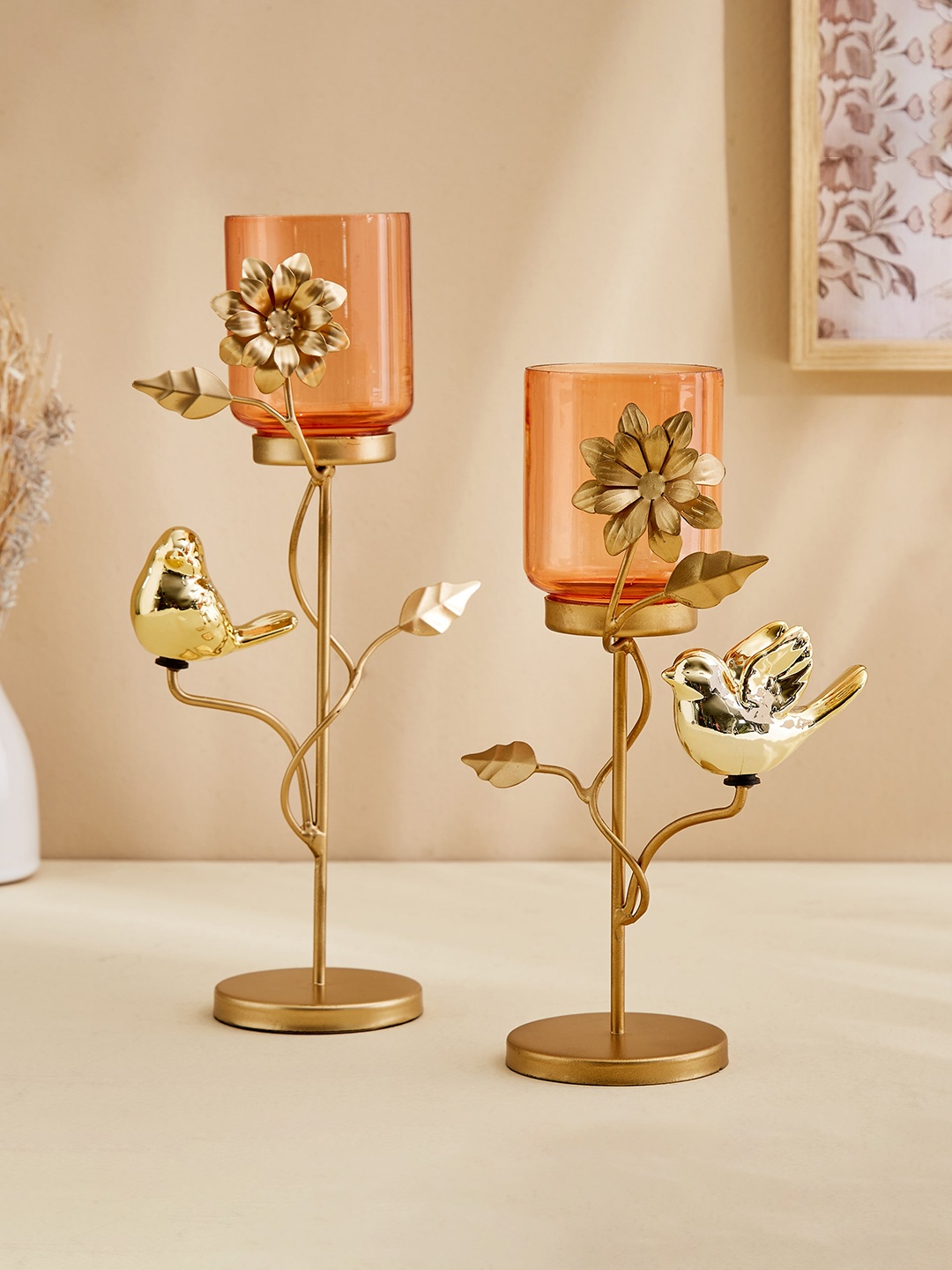 

Home Centre Wables Triumph Gold Toned & Orange 2 Pieces Tealight Candle Holders