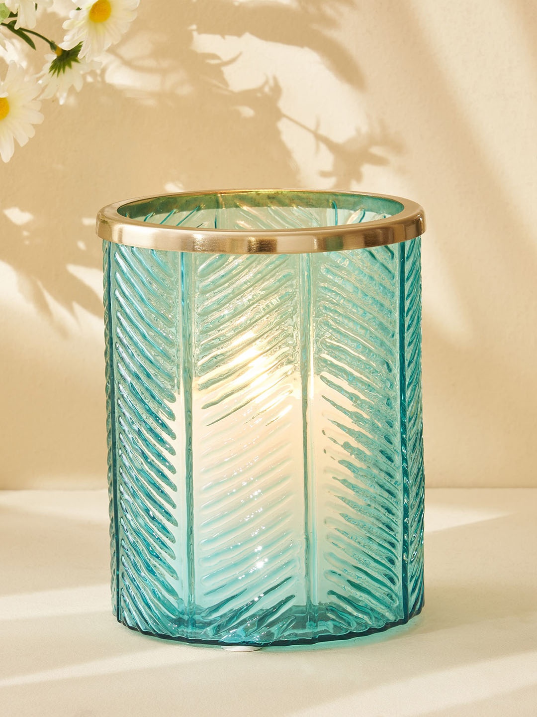 

Home Centre Brian Jacek Glass Embossed Hurricane Candle Holder, Blue