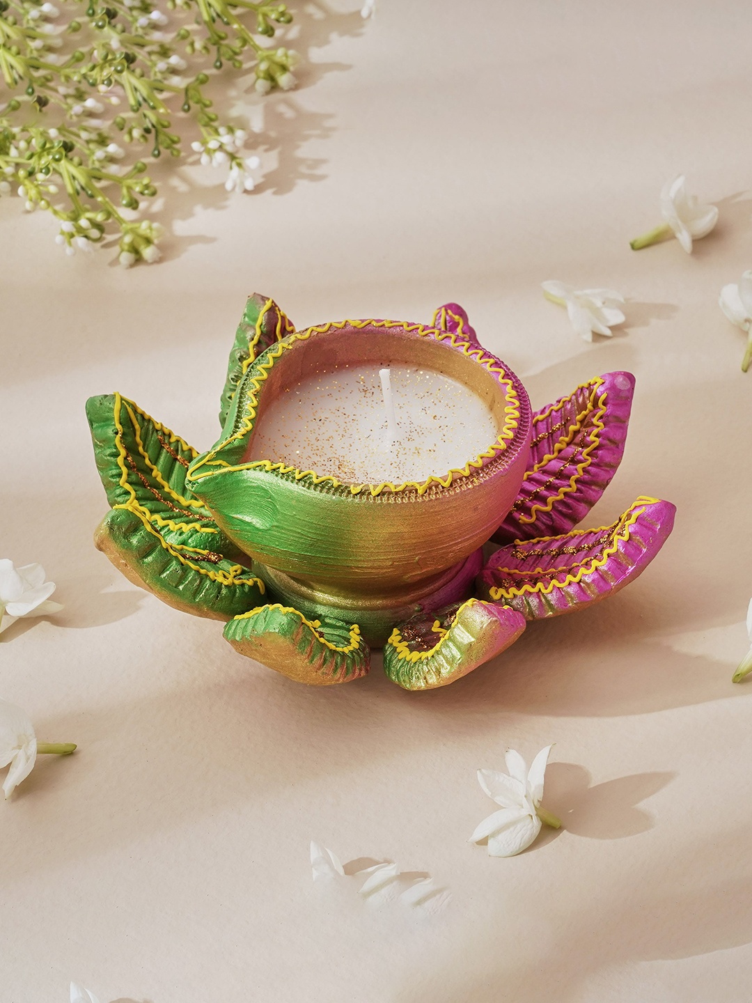Home Centre Corsica Fest Pink & Green Terracotta Lotus Diya Candle