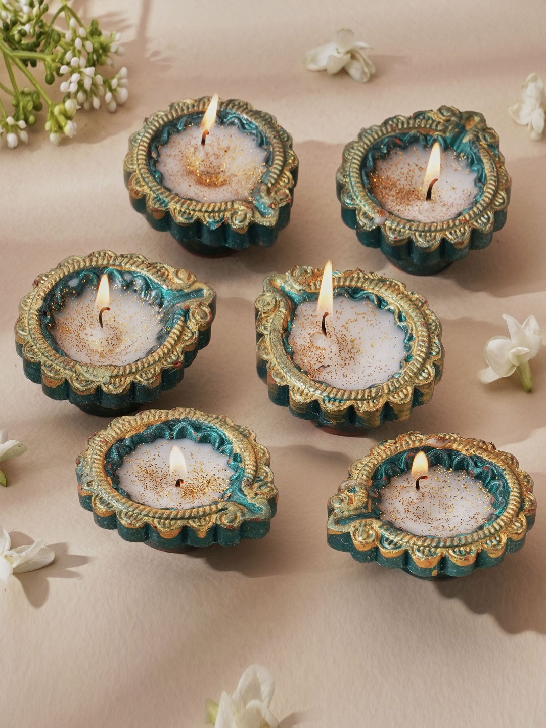 Home Centre Corsica Fest Teal Green & Yellow 6 Pieces Terracotta Diya Candles