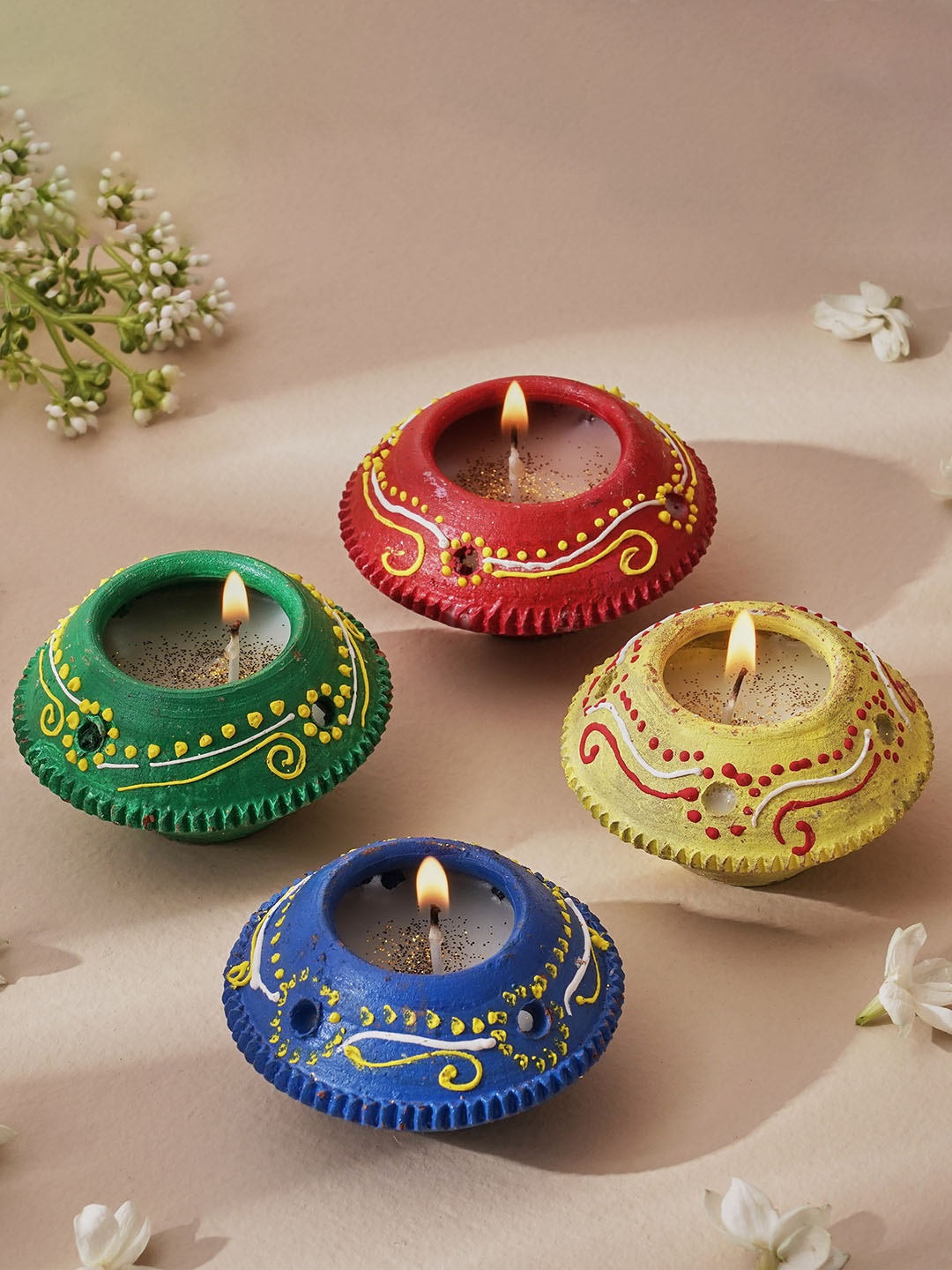 Home Centre Corsica Fest Blue & Green 4 Pieces Terracotta Matki Diya Candles