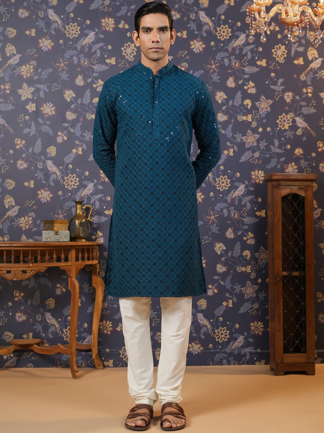 

House of Pataudi Embroidered Mandarin Collar Straight Kurtas, Turquoise blue