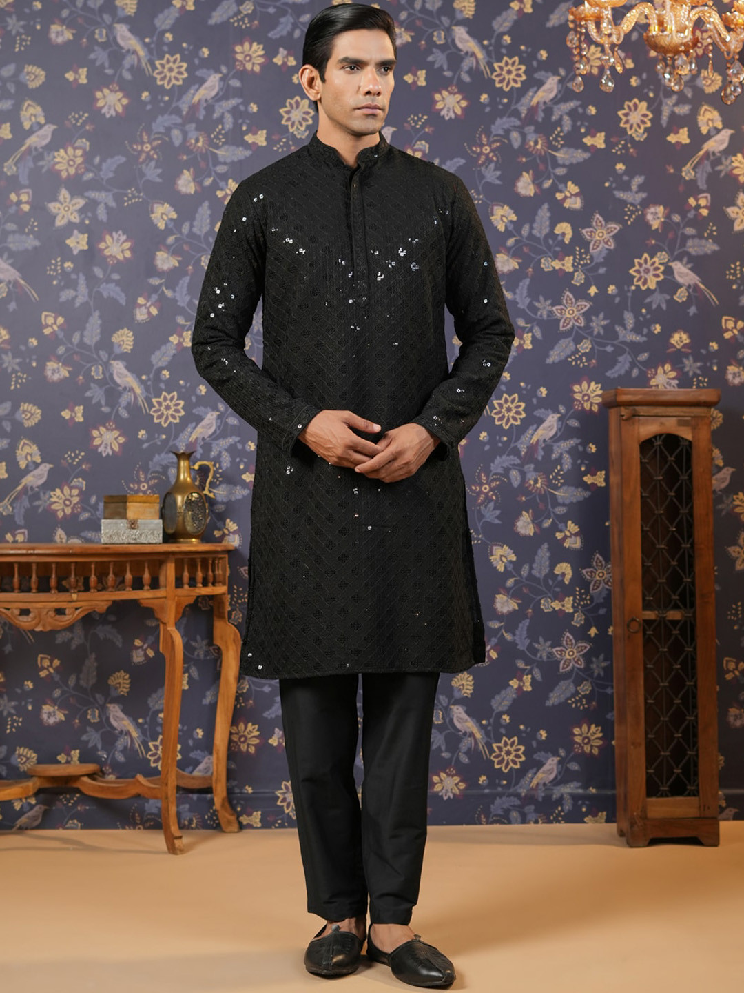 

House of Pataudi Ethnic Motifs Embroidered Mandarin Collar Sequined Kurta, Black