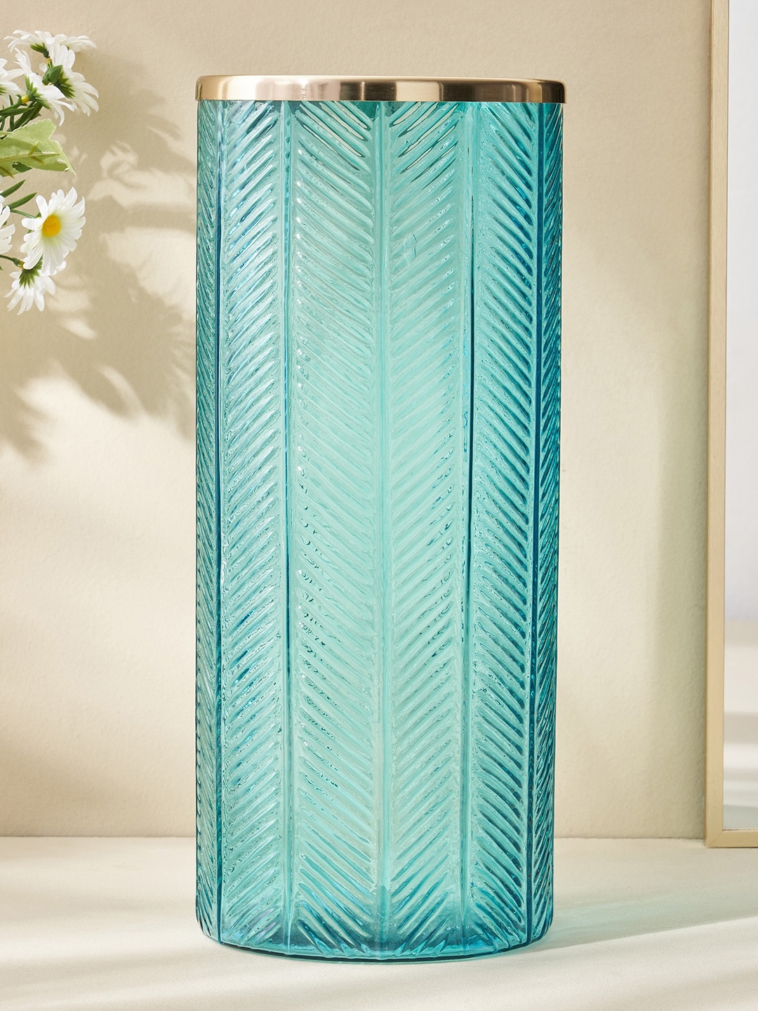 

Home Centre Brian Jacek Blue Embossed Cylindrical Glass Vase