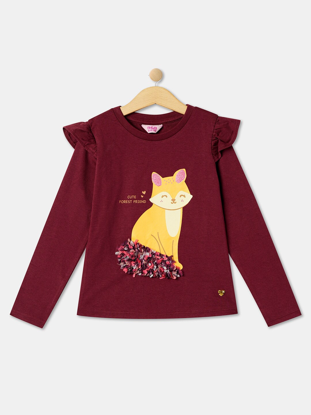 

R&B Girls Cat Printed Floral Applique Cotton Top, Red
