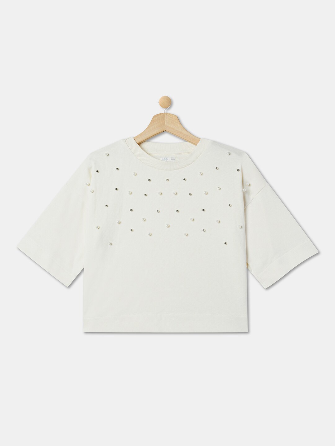 

R&B Girls Embellished Round Neck Beads Cotton Top, White