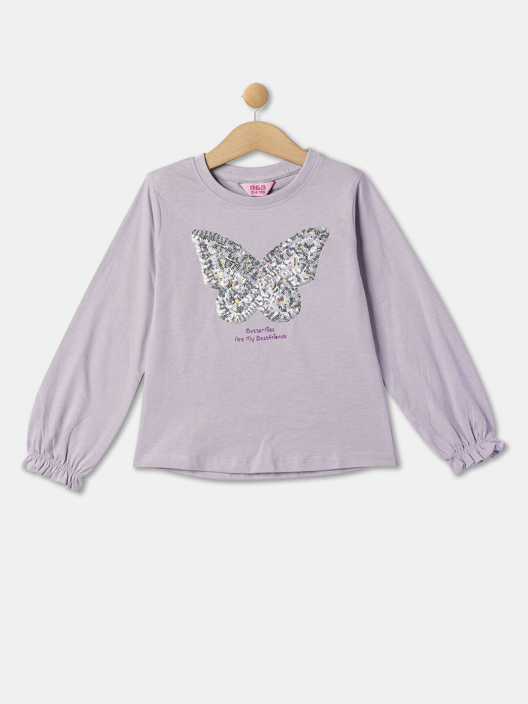 

R&B Girls Embellished Puff Sleeves Bling & Sparkly Cotton Top, Purple