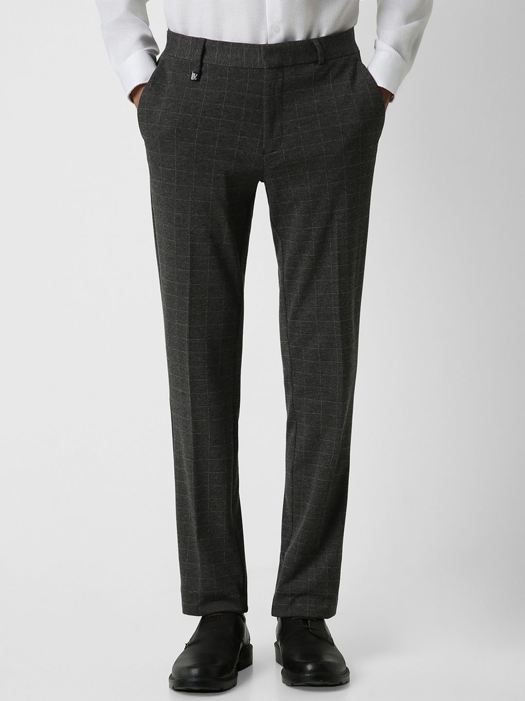 

V Dot Men Checked Skinny Fit Formal Trousers, Grey