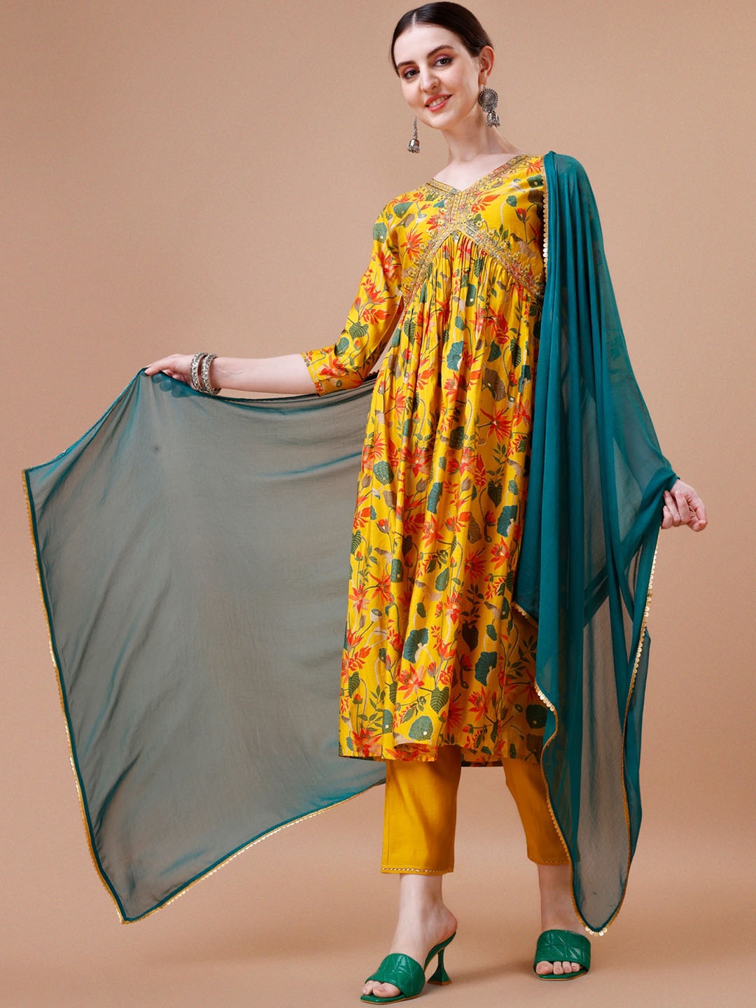 

KALINI Floral Printed Empire Thread Work Kurta with Trousers & With Dupatta, Yellow
