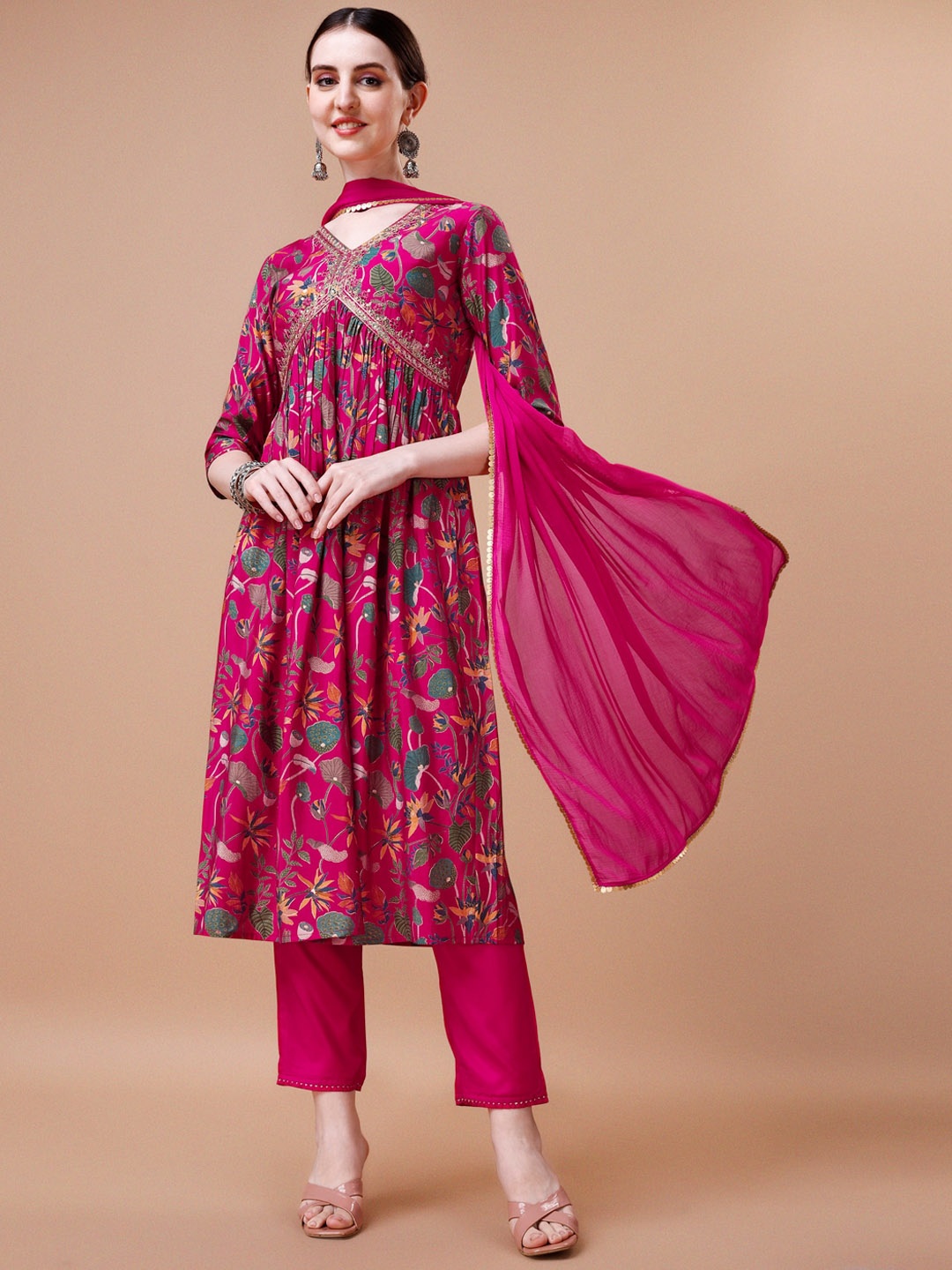 

KALINI Floral Printed Empire Thread Work Kurta with Trousers & With Dupatta, Pink