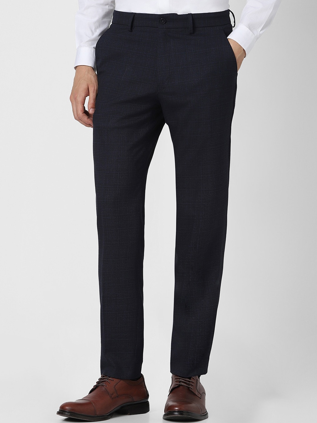 

Van Heusen Men Checked Slim Fit Formal Trousers, Navy blue