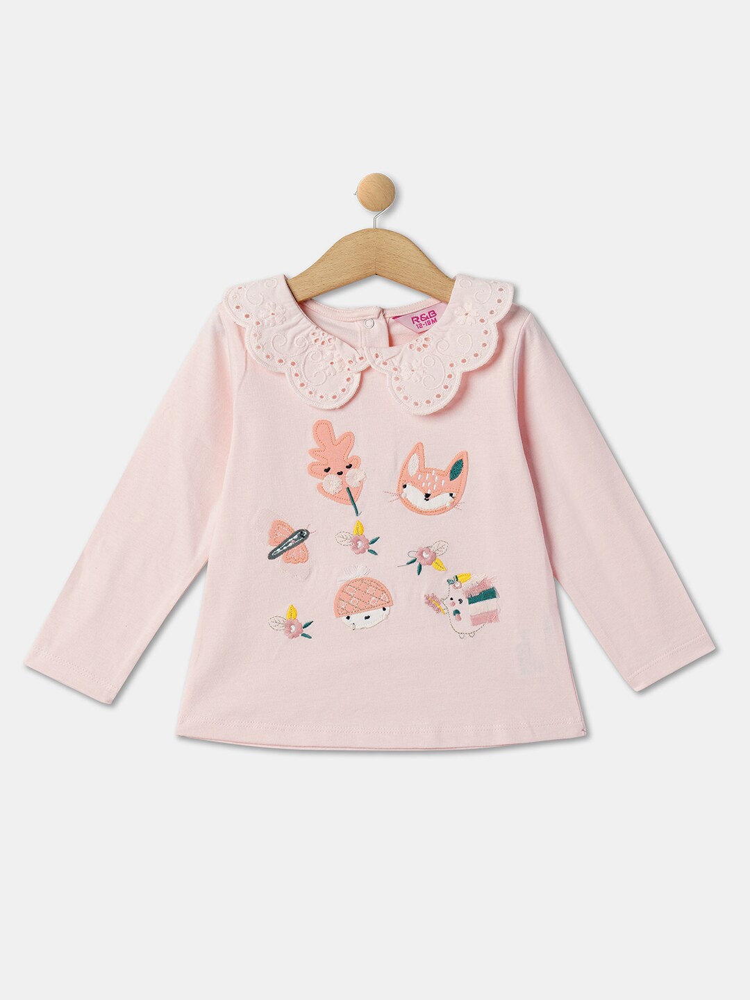 

R&B Infant Girls Self Design Peter Pan Collar Cotton T-shirt, Pink
