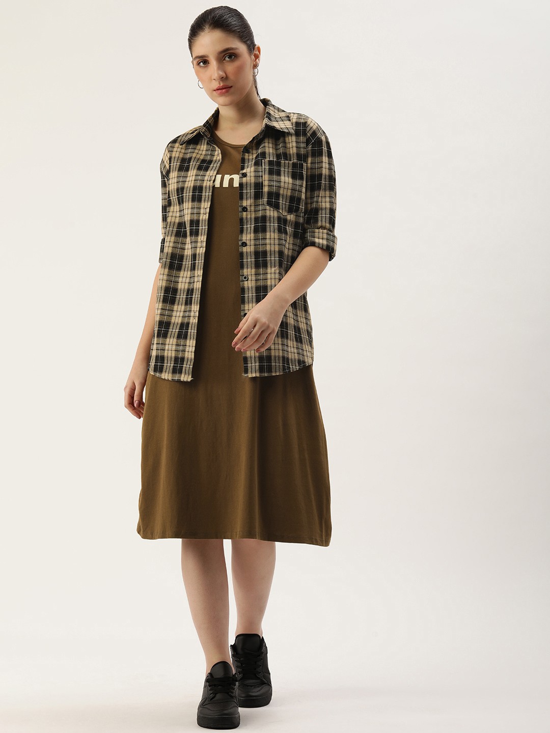 

SHECZZAR Women Checked Casual Shirt, Brown