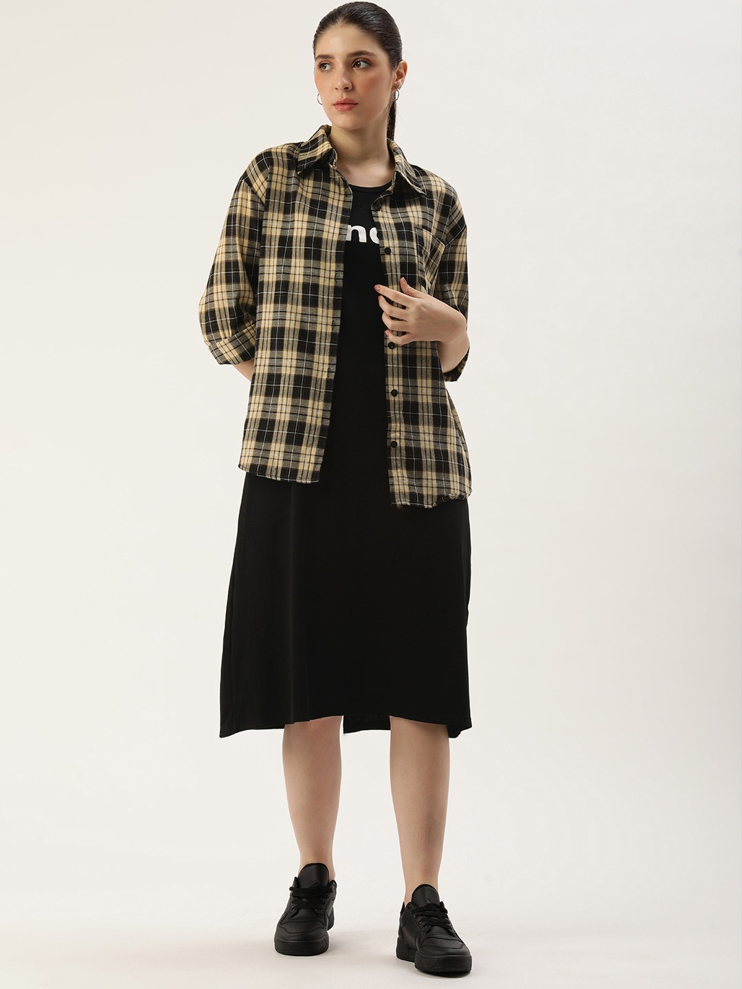 

SHECZZAR Women Checked Casual Shirt, Beige