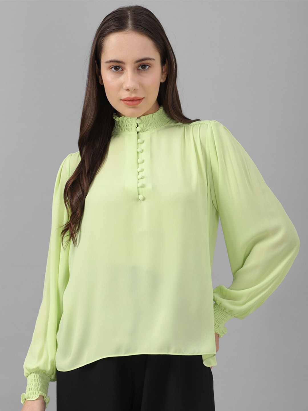 

Allen Solly Woman High Neck Puff Sleeves Top, Green