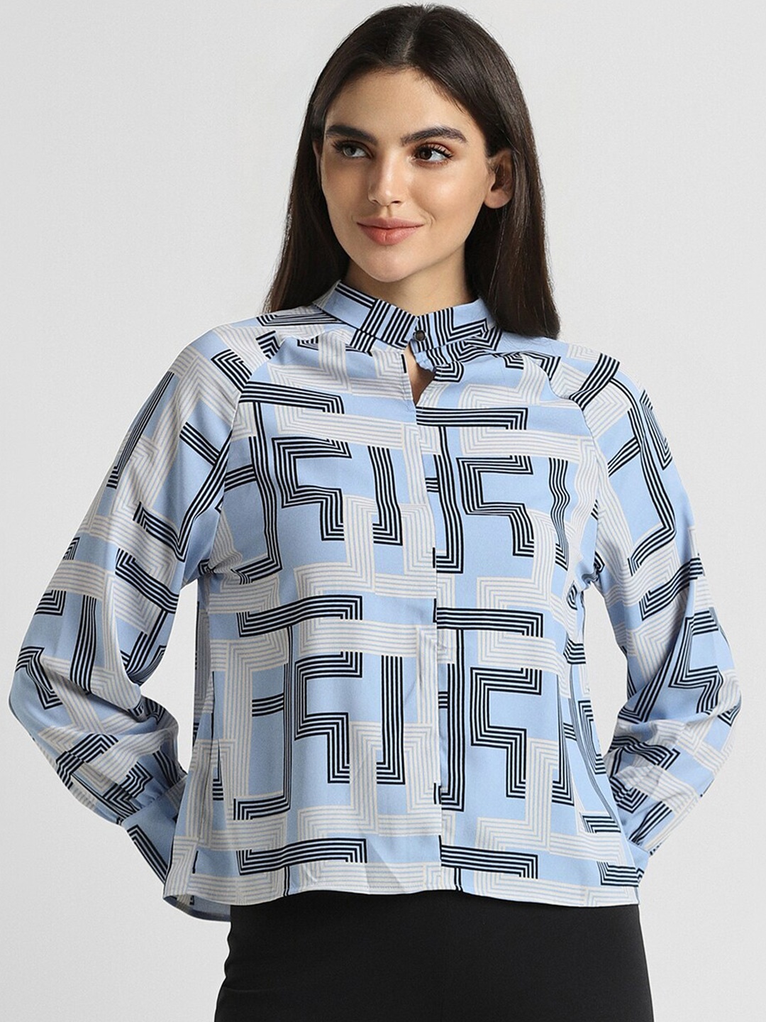 

Allen Solly Woman Geometric Printed Band Collar Cuffed Sleeves Top, Blue