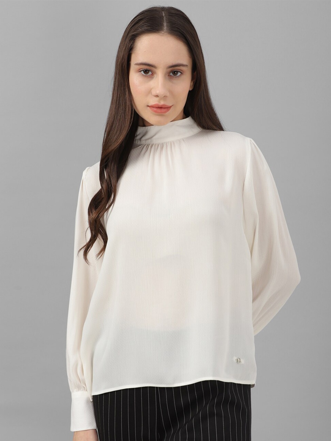 

Allen Solly Woman High neck Cuffed Sleeves Top, White