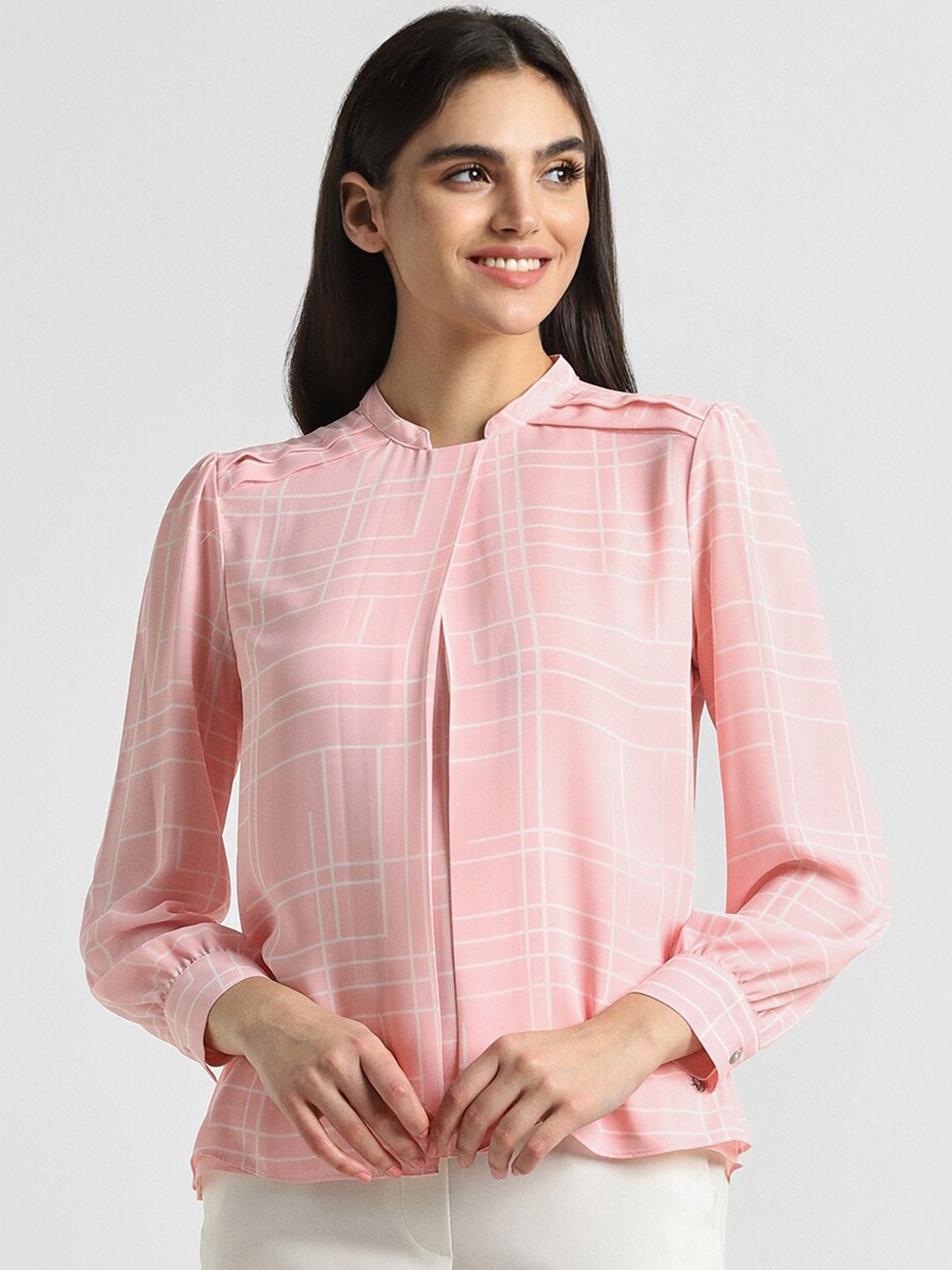 

Allen Solly Woman Checked Mandarin Collar Cuffed Sleeves Regular Top, Pink