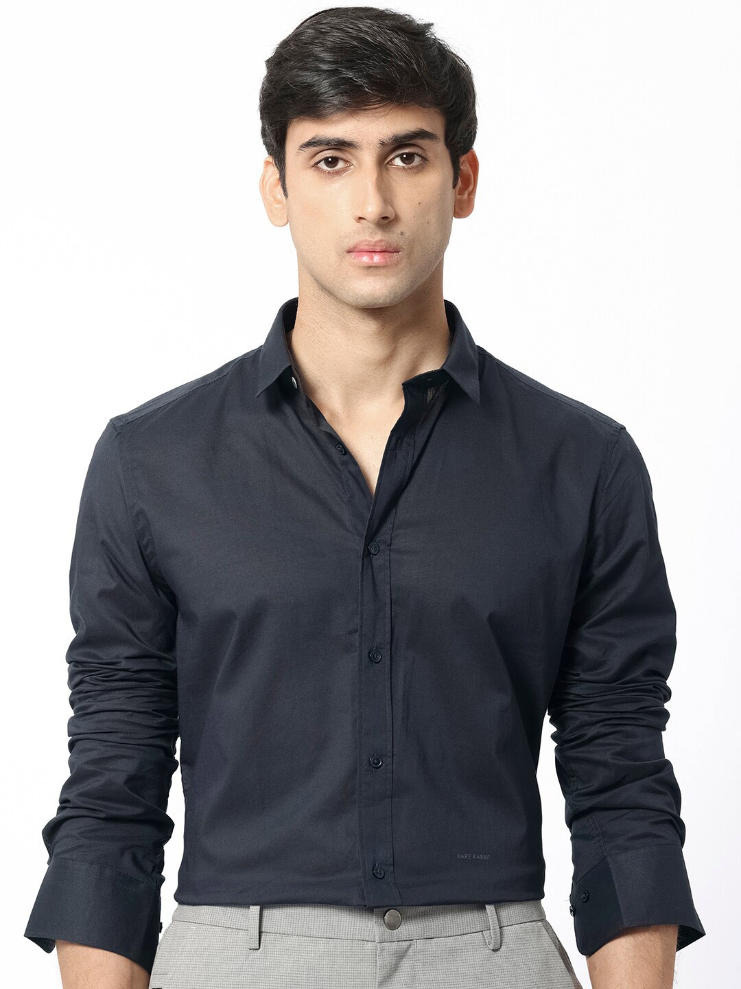 

RARE RABBIT Men Flees Slim Fit Spread Collar Cotton Shirt, Navy blue