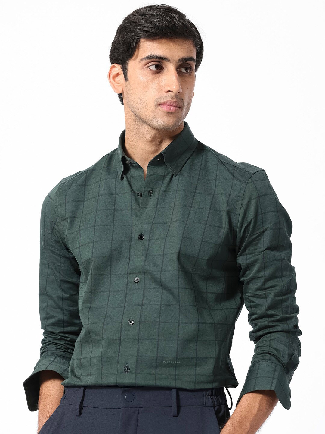 

RARE RABBIT Men Walan Slim Fit Windowpane Check Cotton Shirt, Green