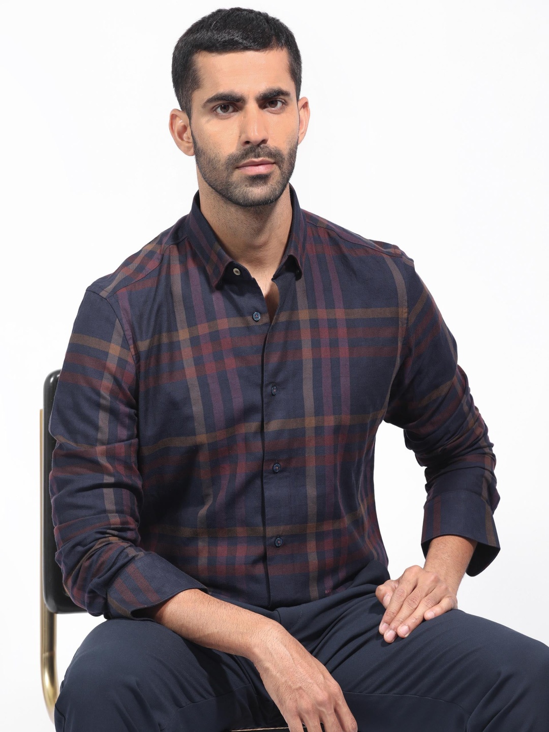 

RARE RABBIT Men Kram Slim Fit Tartan Checked Spread Collar Cotton Shirt, Navy blue
