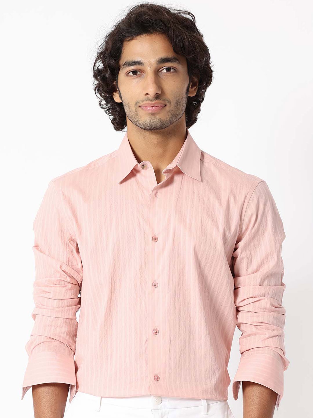 

RARE RABBIT Men Anemo Slim Fit Striped Cotton Shirt, Peach