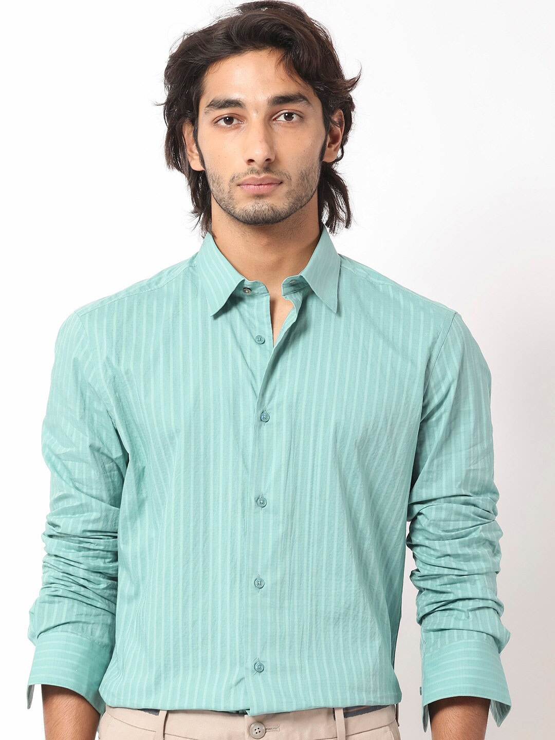 

RARE RABBIT Men Anemo Slim Fit Vertical Striped Cotton Shirt, Turquoise blue