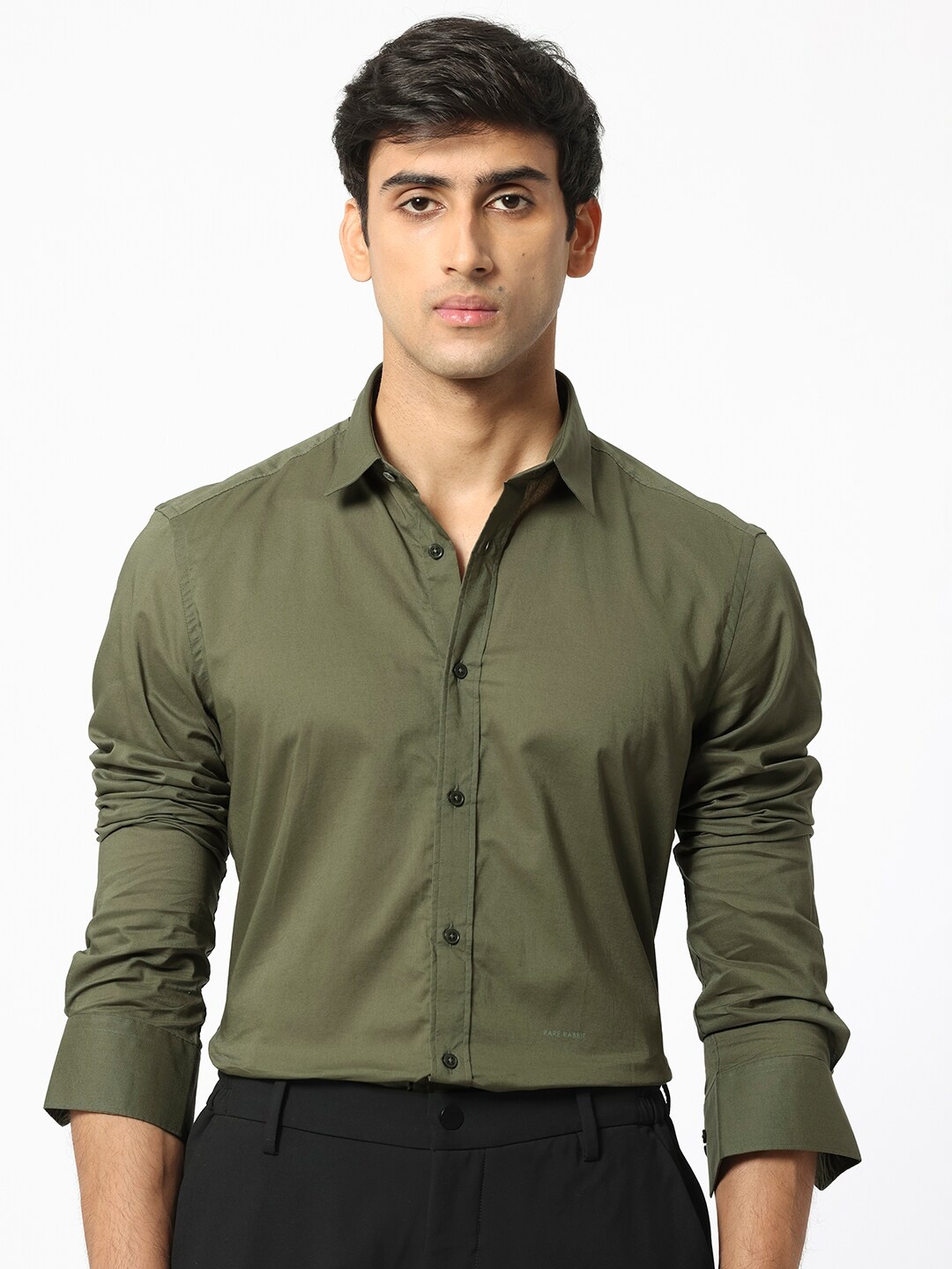 

RARE RABBIT Men Flees Slim Fit Spread Collar Cotton Formal Shirt, Olive