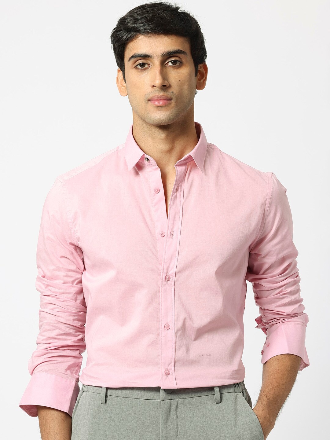 

RARE RABBIT Men Flees Slim Fit Spread Collar Cotton Shirt, Pink