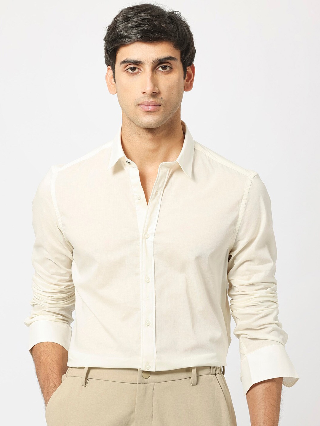 

RARE RABBIT Men Flees Slim Fit Opaque Cotton Shirt, Off white