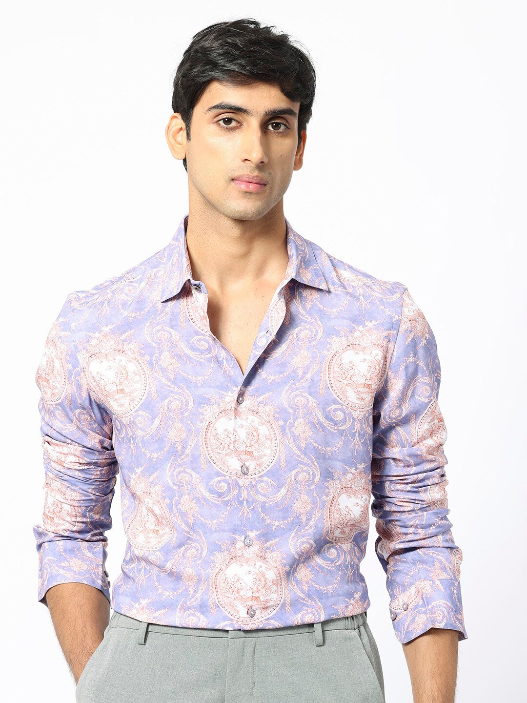 

RARE RABBIT Men Theon Slim Fit Ethnic Motifs Printed Cotton Shirt, Purple