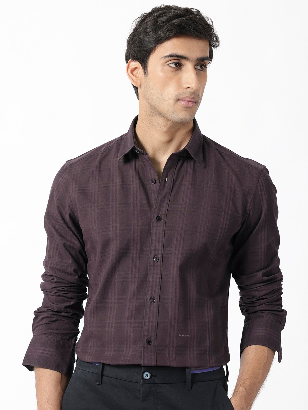 

RARE RABBIT Men Roar Checked Slim Fit Cotton Shirt, Purple