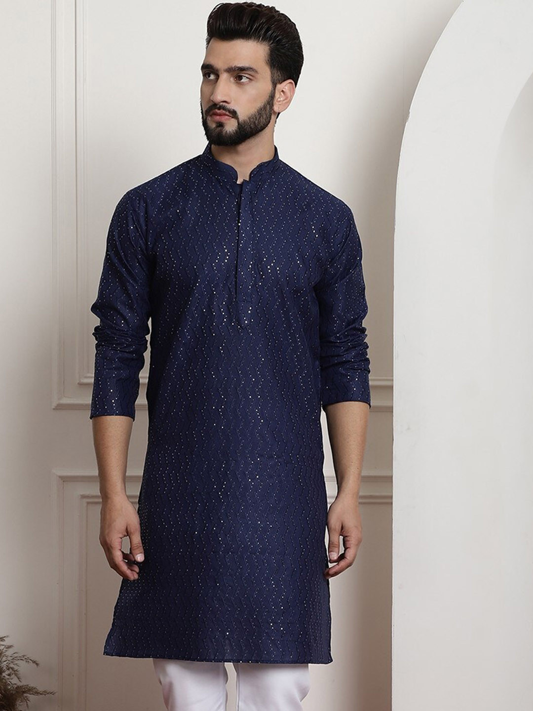

Armaan Ethnic Geometric Embroidered Sequinned Cotton Straight Kurta, Navy blue
