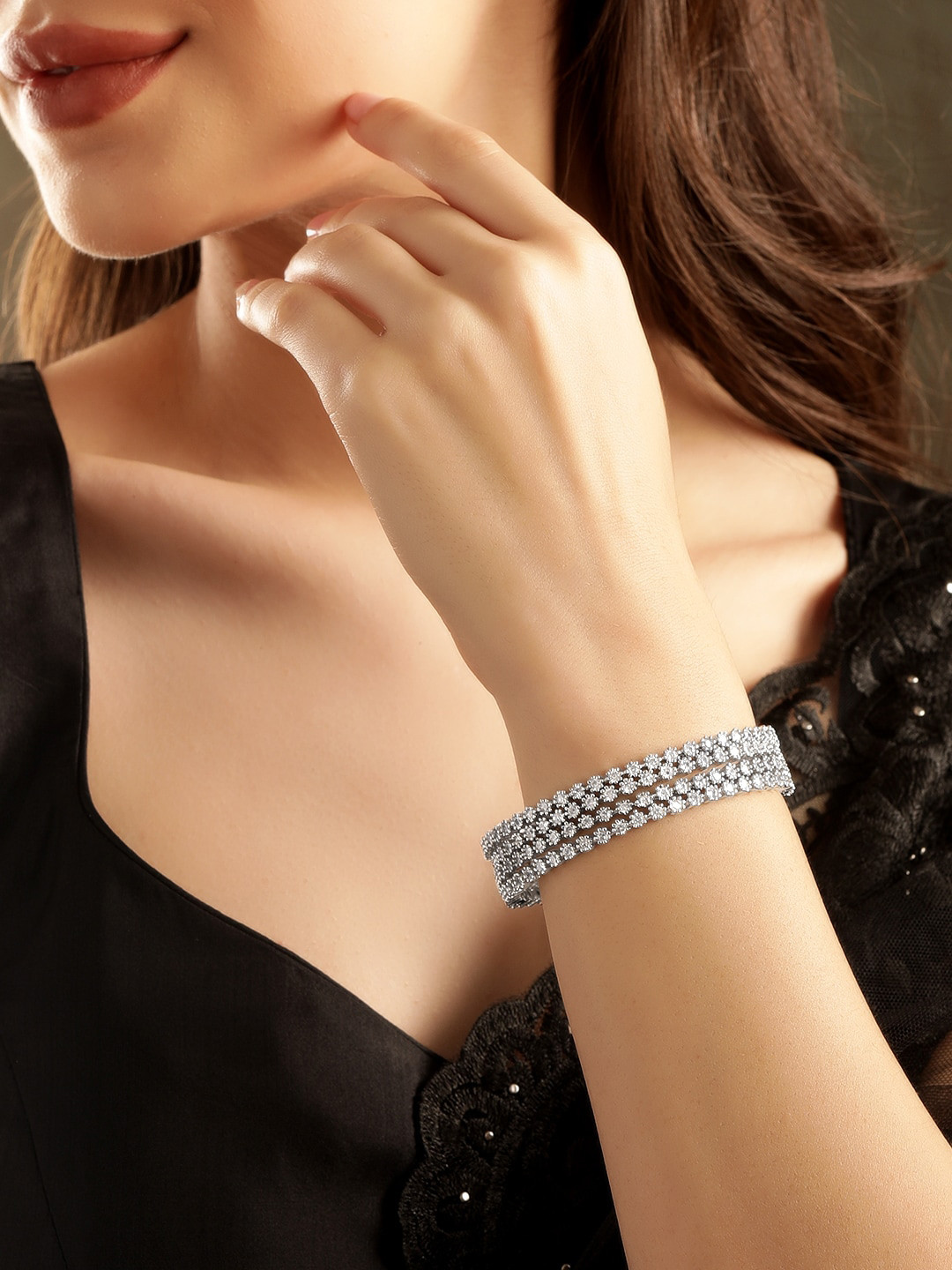 

Rubans Set Of 4 Rhodium Plated Stone Studded Bangles, Silver