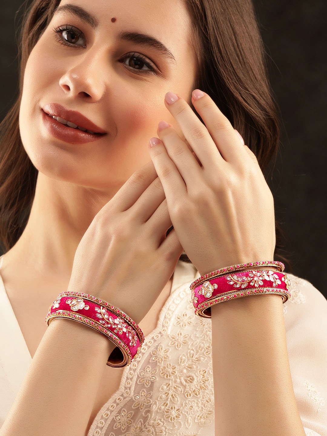 

Rubans Set of 6 Gold Plated Kundan Studded & Beaded Bangles, Magenta